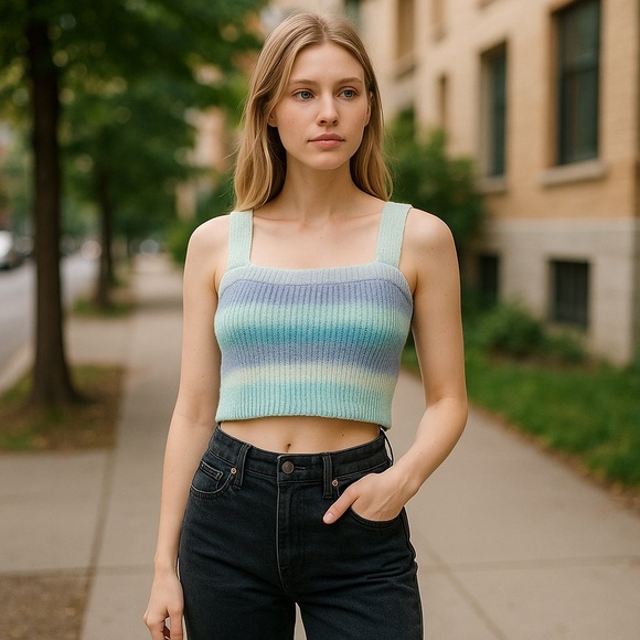 Bailey Rose Blue/Green Cropped Sweater Tank Top Large - Picture 5 of 11